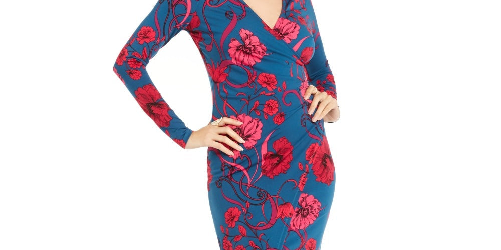 Thalia Sodi Women's Floral Print Crossover Dress Blue Size XX-Large