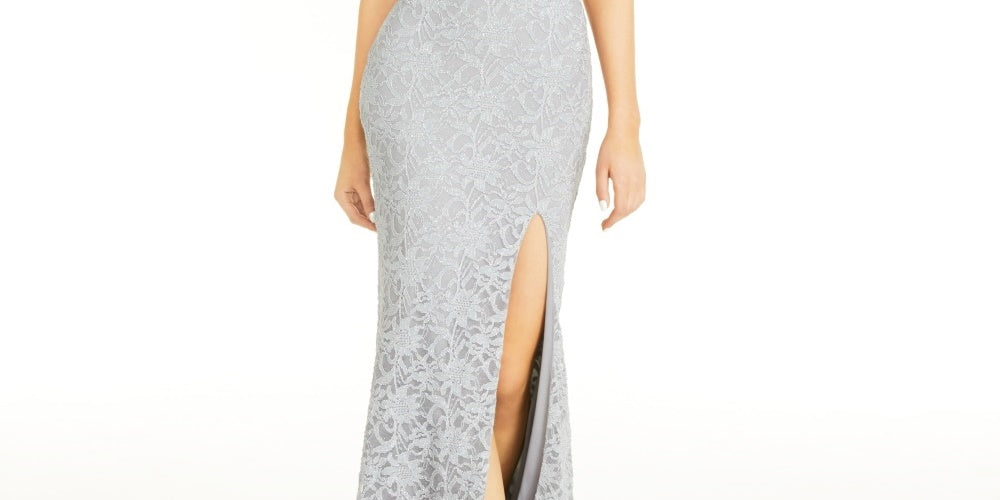 City Studios Juniors' Glitter Lace Bow-Back Maxi Dress Gray Size 0