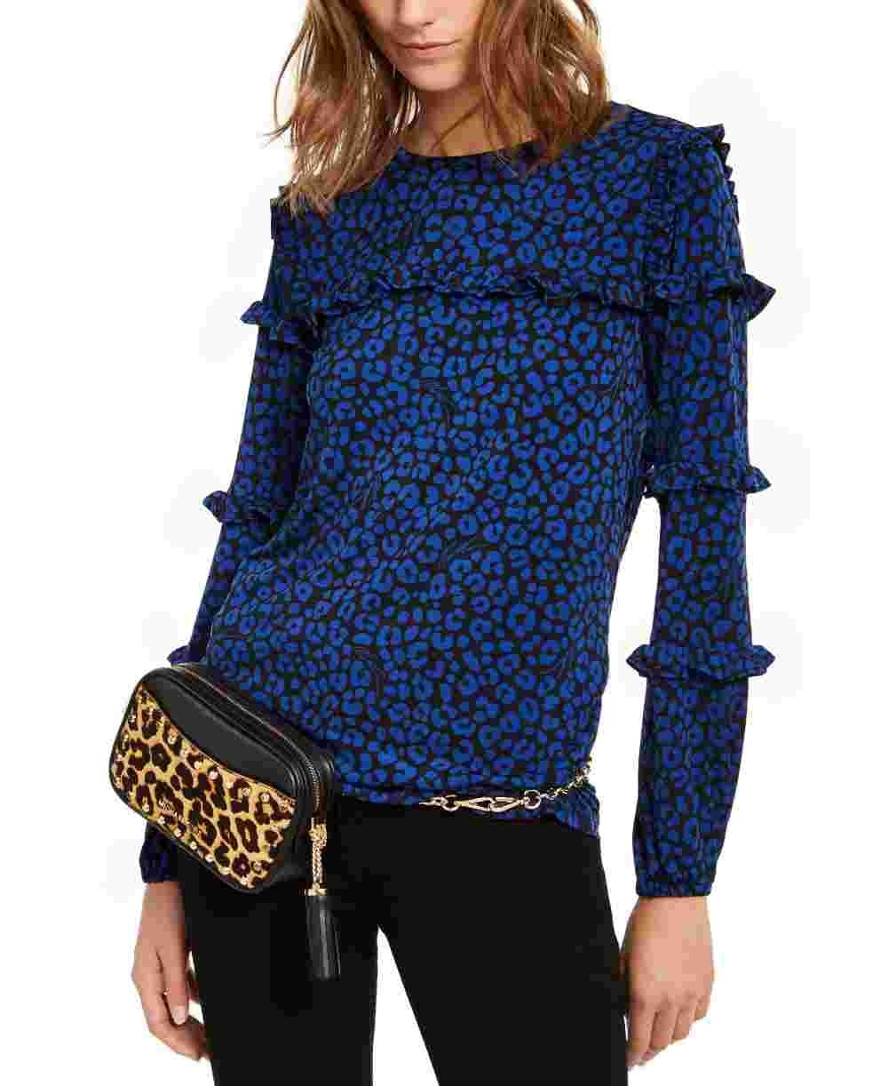 Michael Kors Women's Flat Cat Printed Ruffled Sleeve Top Blue Size X-Large