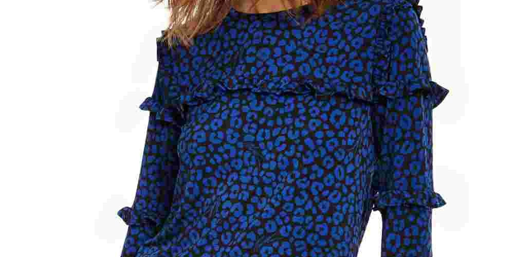 Michael Kors Women's Flat Cat Printed Ruffled Sleeve Top Blue Size X-Large