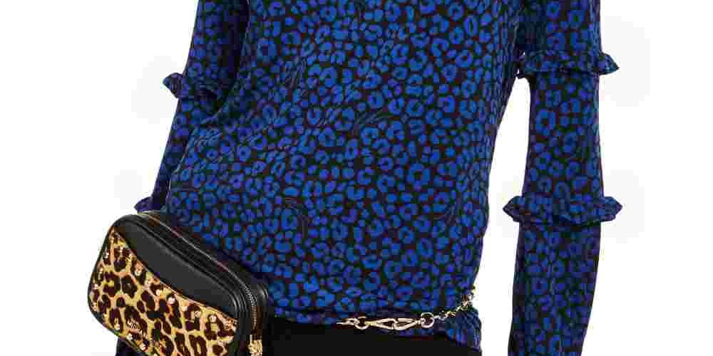 Michael Kors Women's Flat Cat Printed Ruffled Sleeve Top Blue Size X-Large