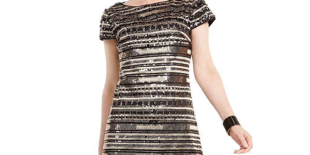 Vince Camuto Women's Gold Sequined Printed Short Sleeve Jewel Neck Mini Shift Cocktail Dress Gray Size 6