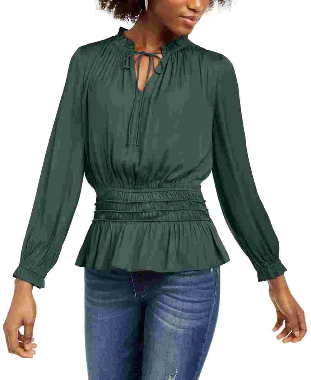 Current Air Women's Green Long Sleeve Peplum Top Green Size X-Small