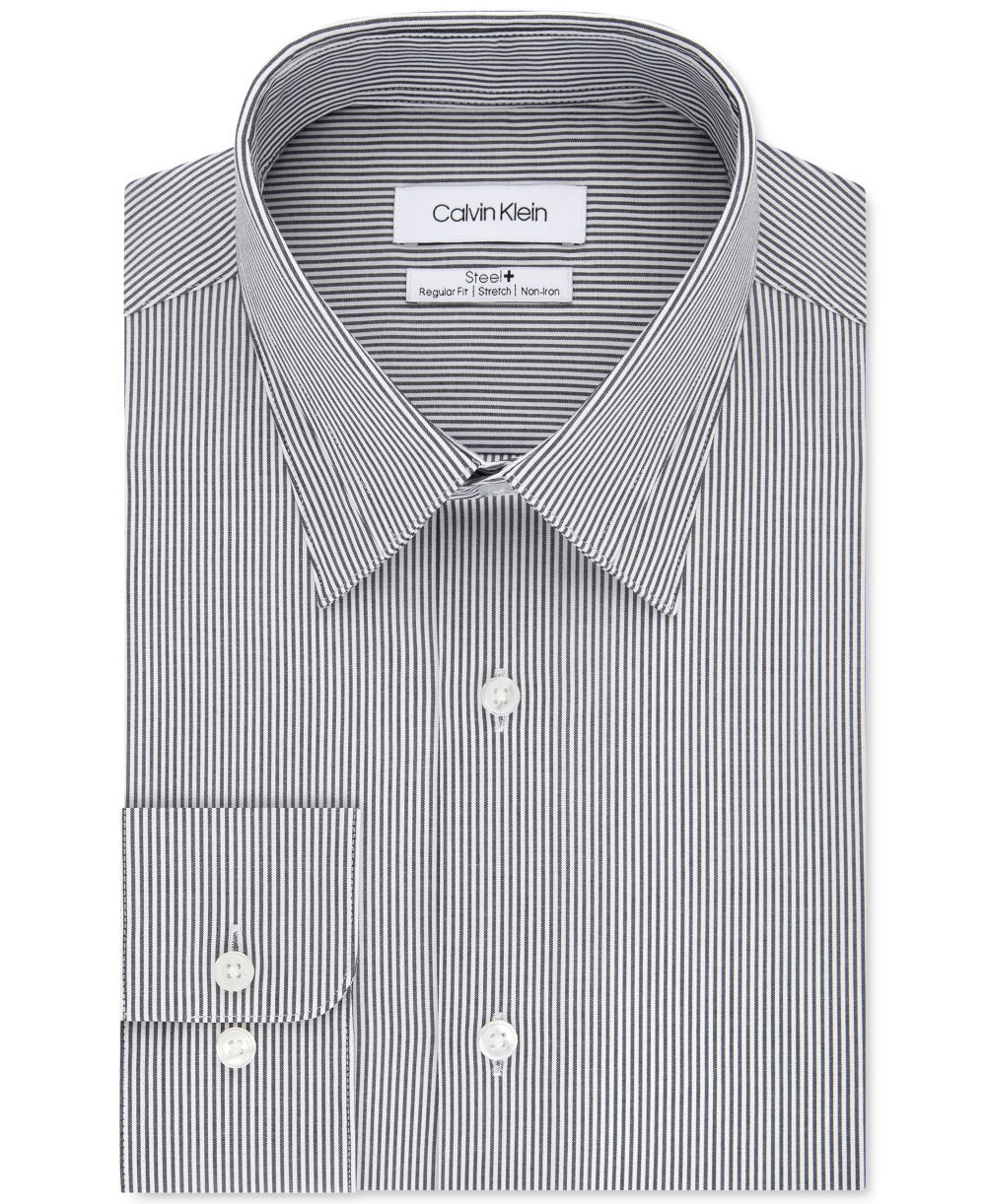 Calvin Klein Men's Classic Fit Non Iron Performance Stretch Stripe Dress Shirt Gray Size 17  32-33
