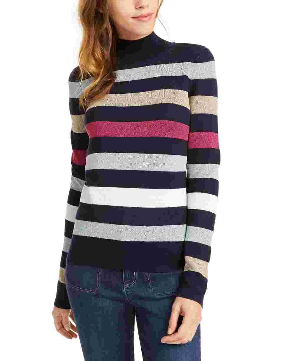Maison Jules Women's Mock Neck Metallic Stripe Sweater Blue Size X-Small