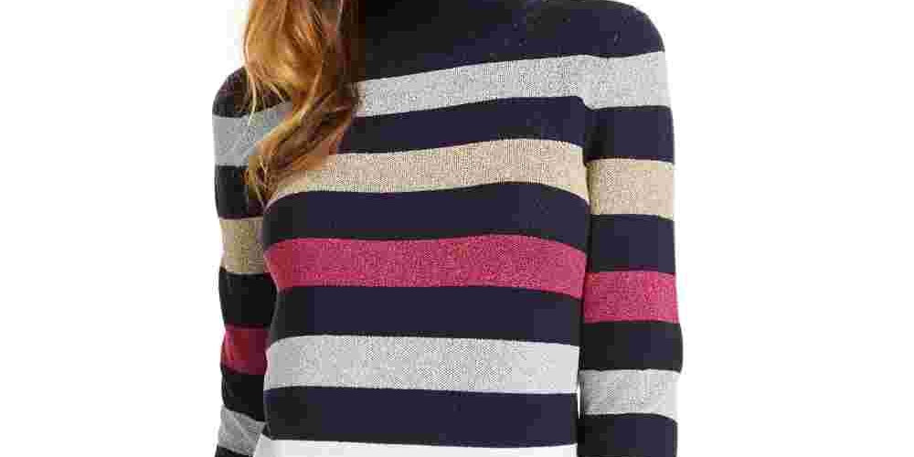 Maison Jules Women's Mock Neck Metallic Stripe Sweater Blue Size X-Small