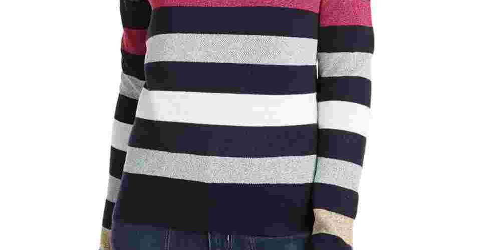 Maison Jules Women's Mock Neck Metallic Stripe Sweater Blue Size X-Small