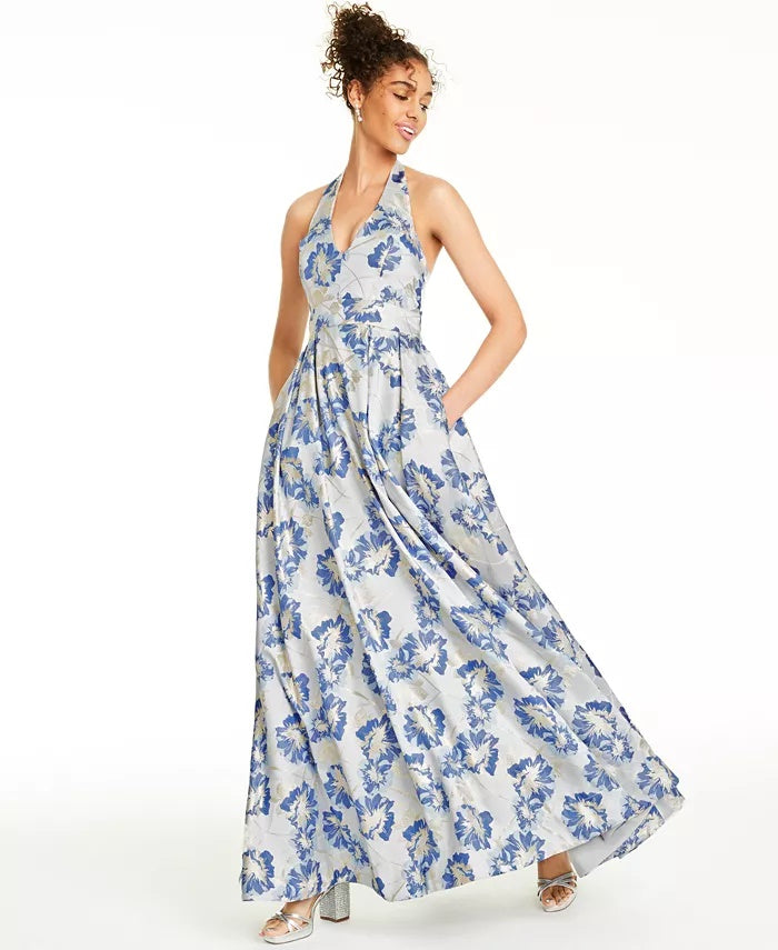Speechless Juniors' Metallic Floral Brocade Halter Gown Med Blue Size 7