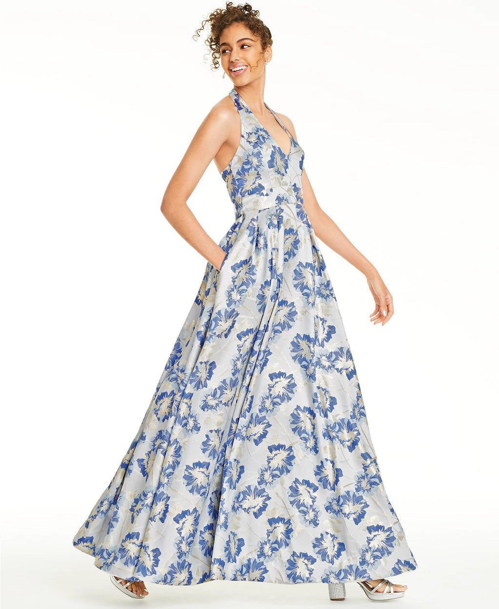 Speechless Juniors' Metallic Floral Brocade Halter Gown Med Blue Size 7