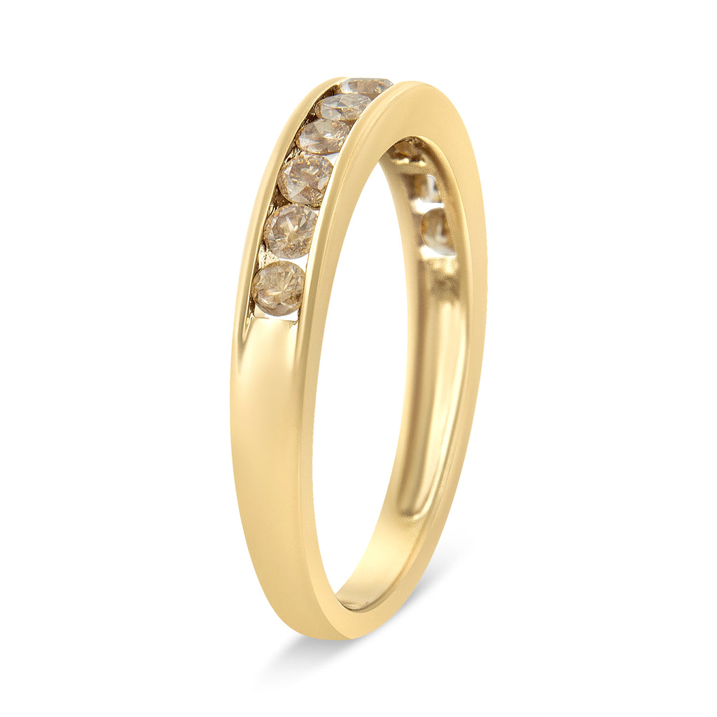 14K Yellow Gold Plated .925 Sterling Silver 1/2 Cttw Channel Set Round Champagne Diamond 11 Stone Band Ring (K-L Color, I1-I2 Clarity)