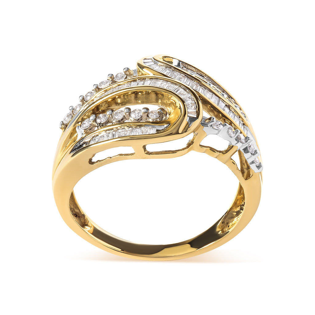 10K Yellow Gold 1/2 Cttw Round and Baguette cut Diamond Open Space Bypass Ring (H-I Color, SI2-I1 Clarity)