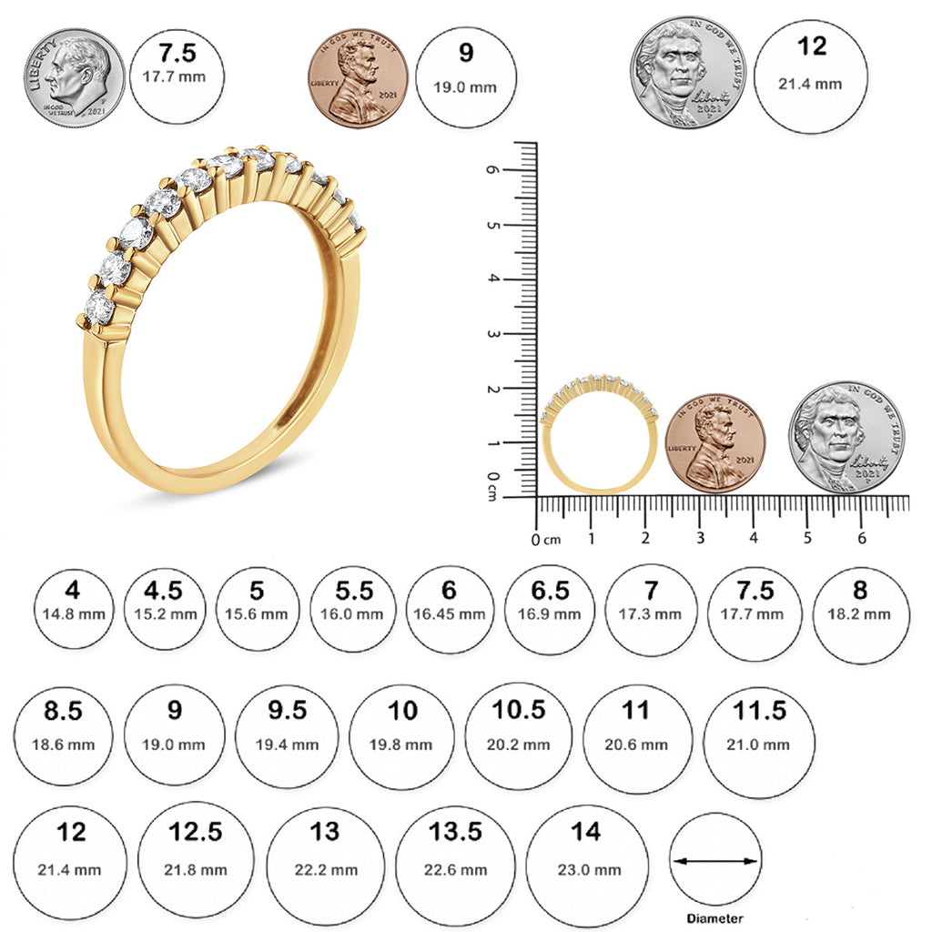 14K Yellow Gold Plated .925 Sterling Silver 1/2 cttw Shared Prong Set Brilliant Round-Cut Diamond 11 Stone Band Ring (I-J Color, SI1-SI2 Clarity)