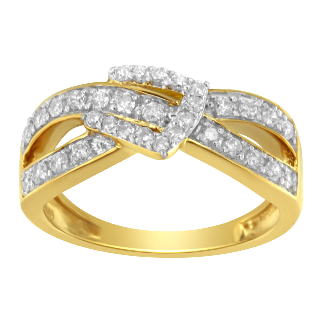 10K Yellow Gold Plated .925 Sterling Silver 1/2 cttw Round-Cut Diamond "Belt Buckle" Crossover Ring (J-K Color, I2-I3 Clarity)