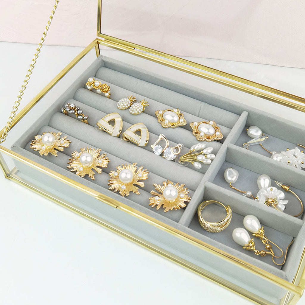 Organizing 9x6x2 Gold Metal And Glass Jewelry Box