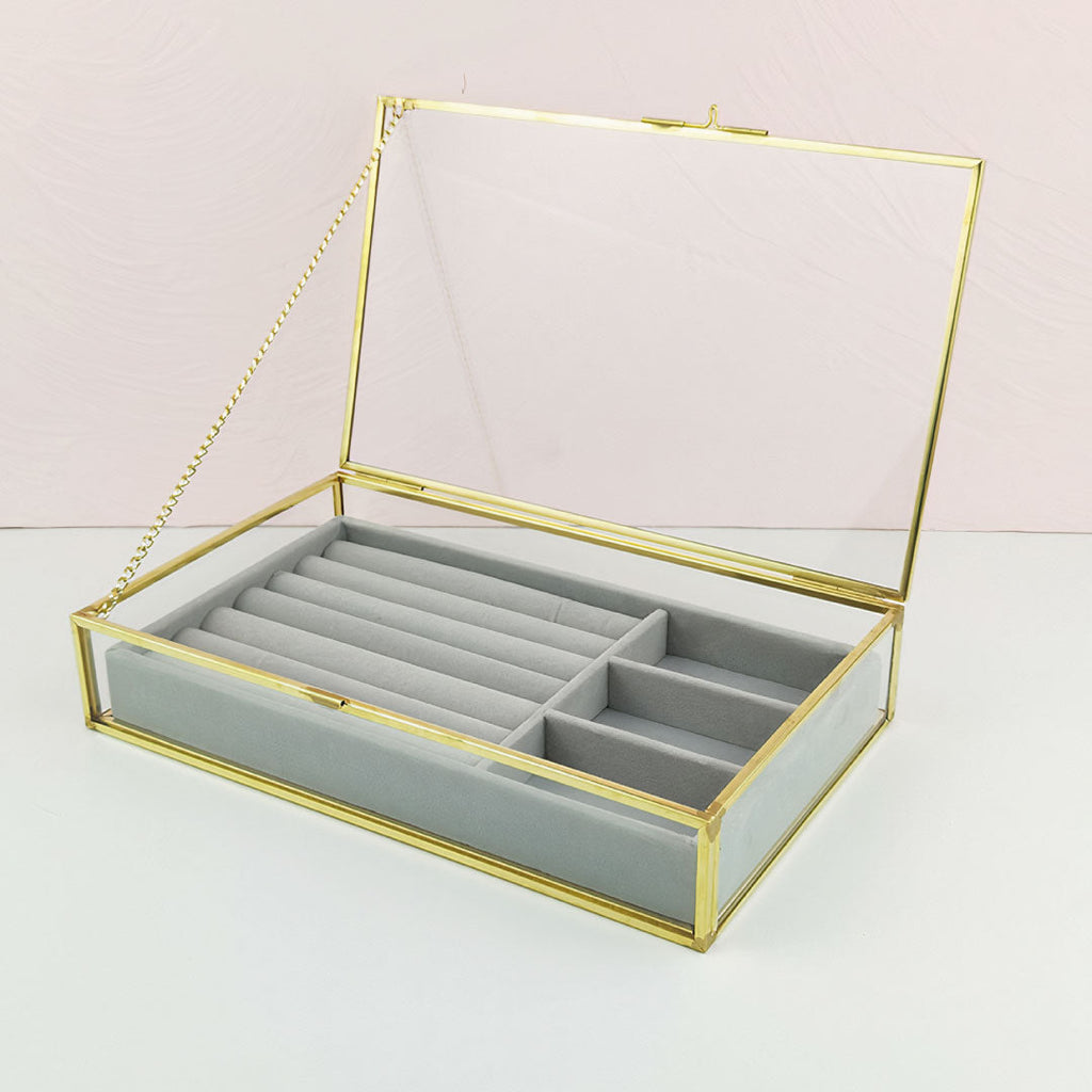 Organizing 9x6x2 Gold Metal And Glass Jewelry Box