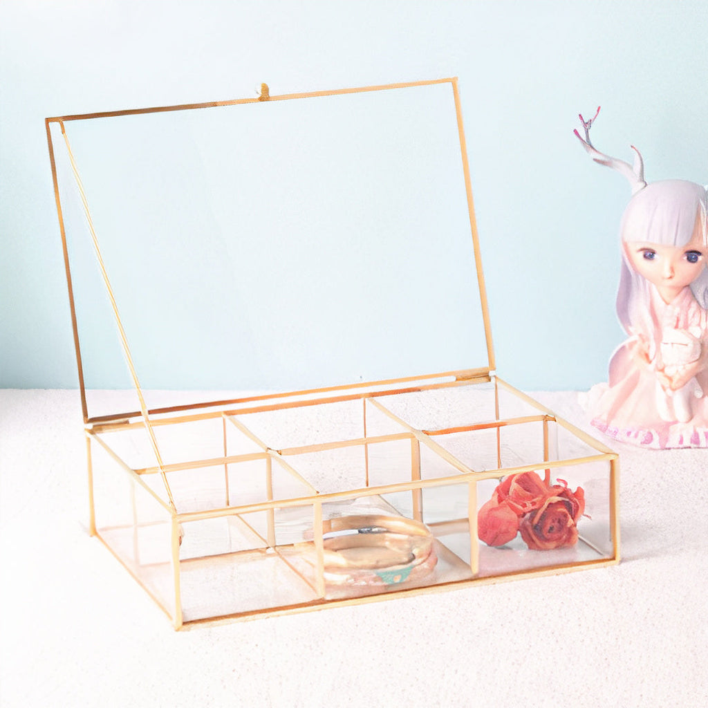 Organizing 9x6x2.5 Gold Metal And Glass Box