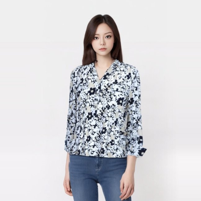 Cocomo Black and White Floral Popover with Pleats