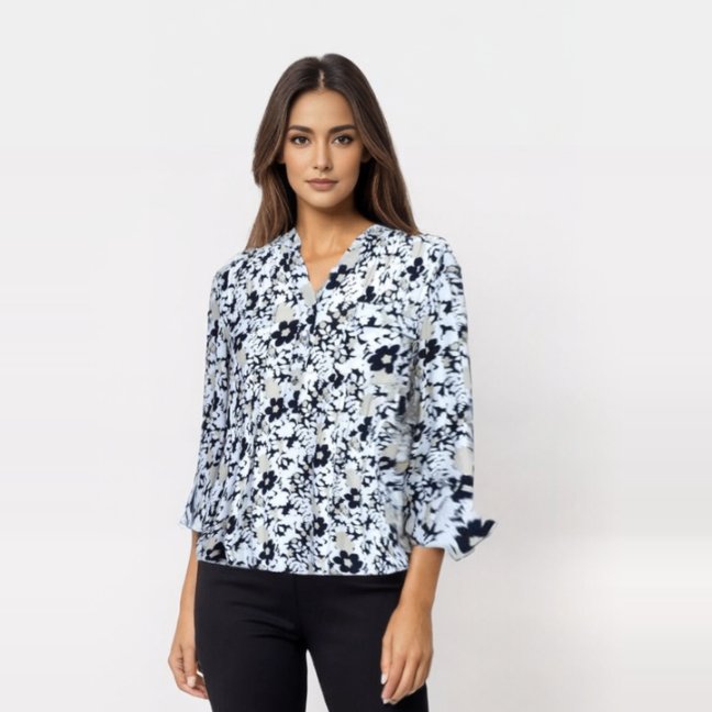 Cocomo Black and White Floral Popover with Pleats