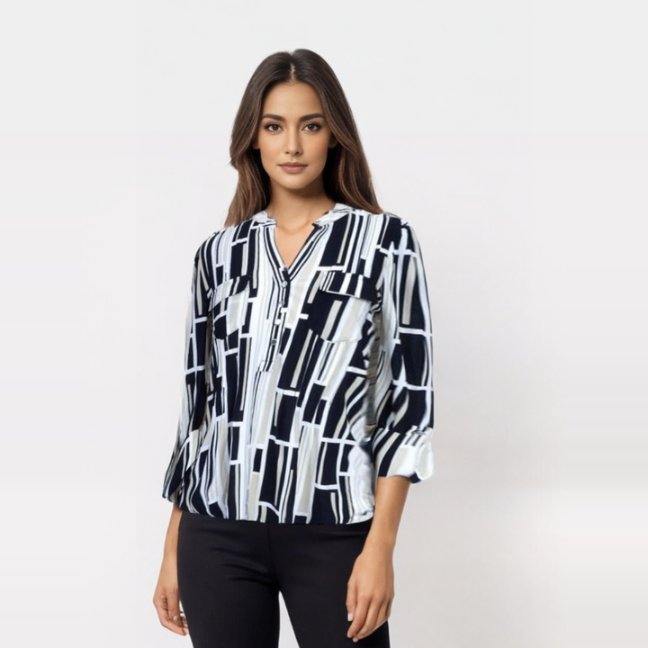 Cocomo Black and White Geometirc Popover With Pleats