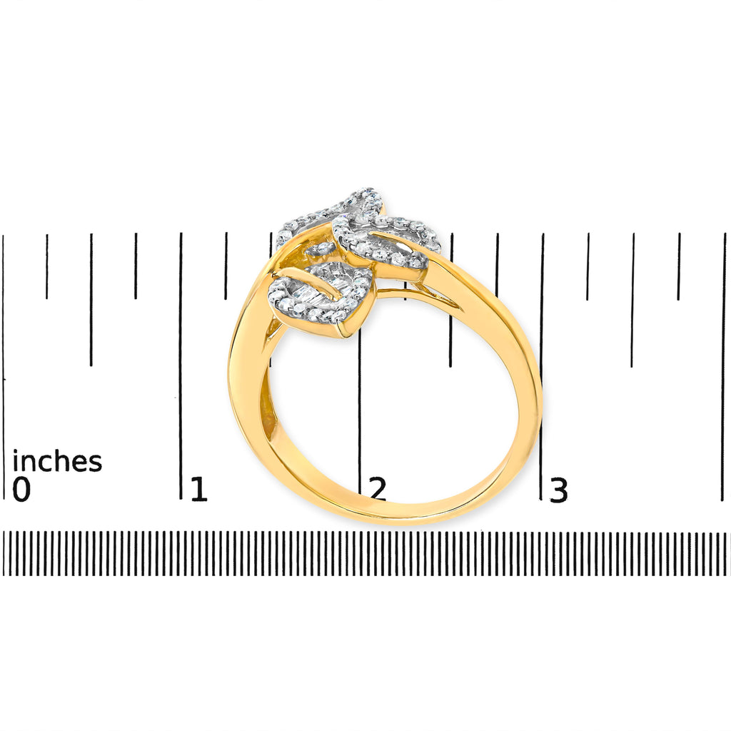 18K Yellow and White Gold Plated .925 Sterling Silver 3/8 Cttw Baguette and Round Diamond Bypass Triple Leaf Ring (I-J Color, I1-I2 Clarity)