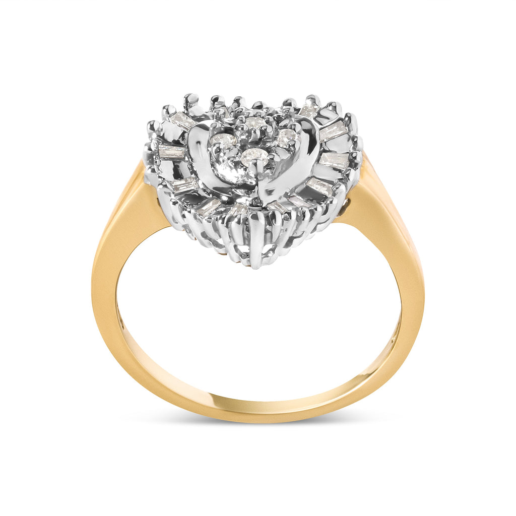 10K Yellow Gold 1/4 Cttw Round and Baguette cut Diamond Heart Shape Ballerina Ring (H-I Color, I1-I2 Clarity)