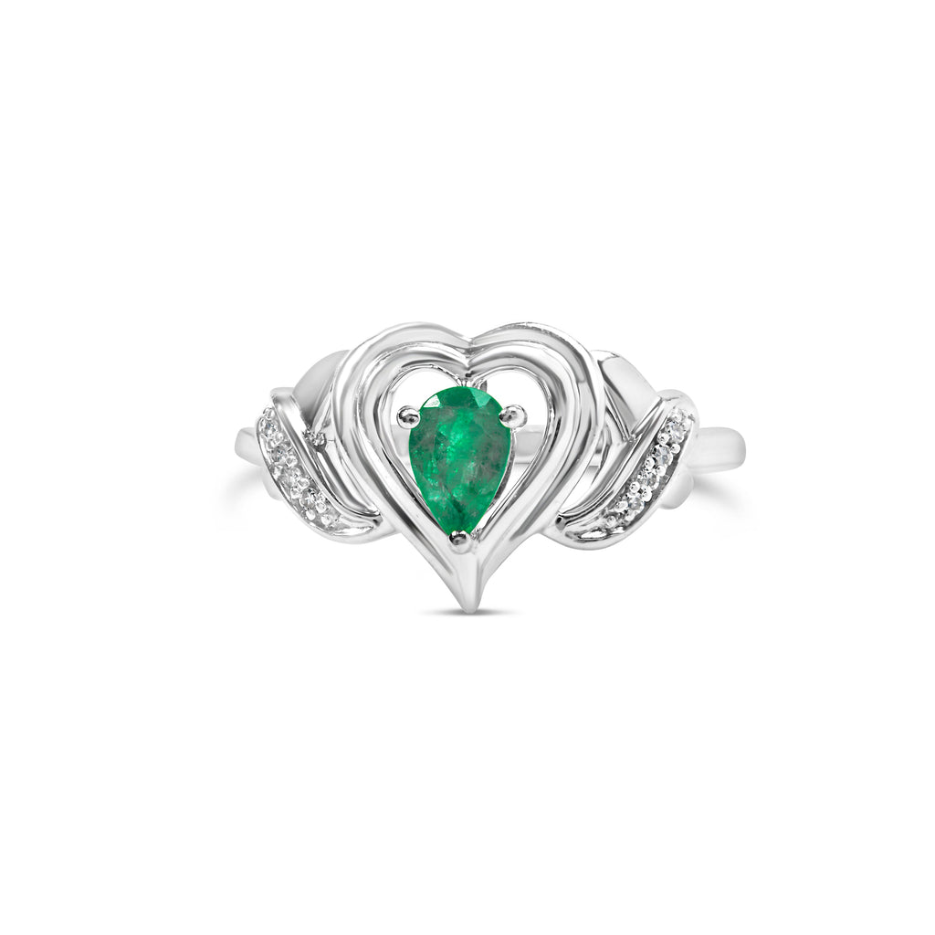 .925 Sterling Silver 6x4mm Pear Emerald Gemstone with Diamond Accent Heart Promise Ring (H-I Color, SI1-SI2 Clarity)