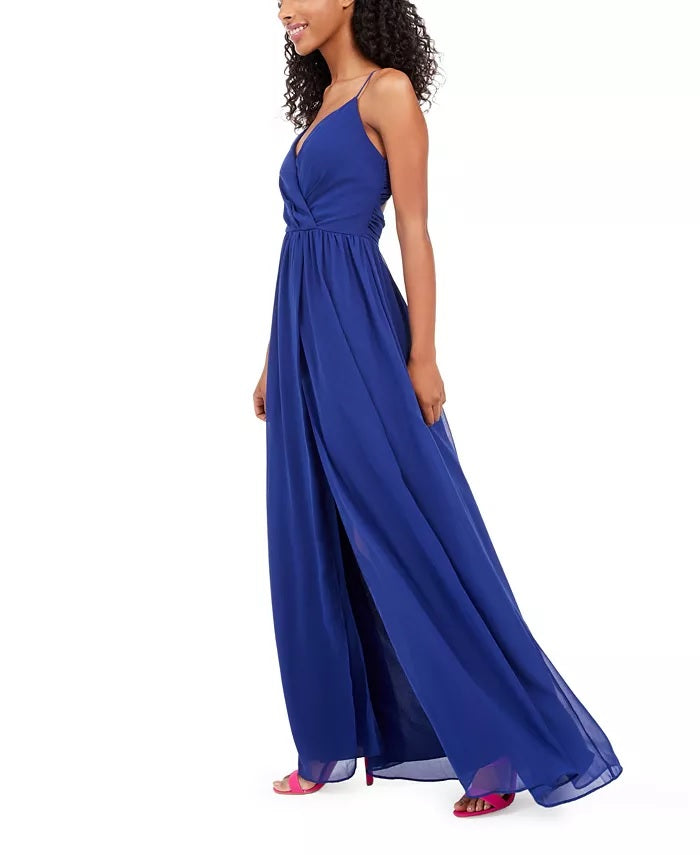 City Studios Juniors' Surplice Chiffon Gown Blue Size 0