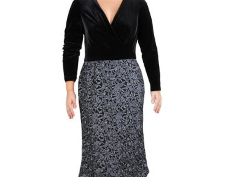 Ralph Lauren Women's Sharlene Velvet Lace Cocktail Dress Black Size 10