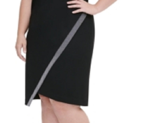 Tommy Hilfiger Women's Metallic Trim Asymmetrical Sheath Dress Black  Size 14W