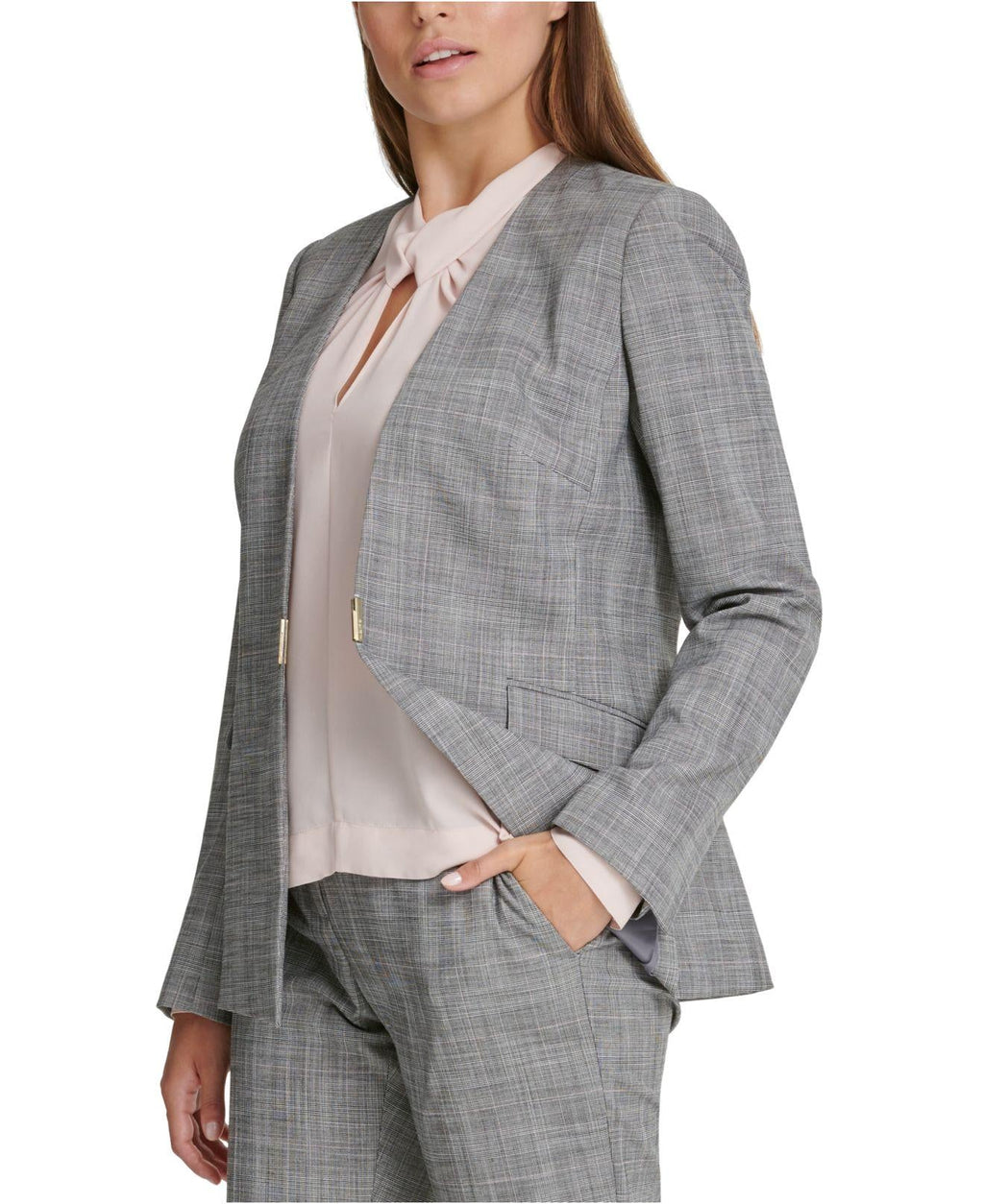 DKNY Women's Plaid Collarless Blazer Gray Size 10